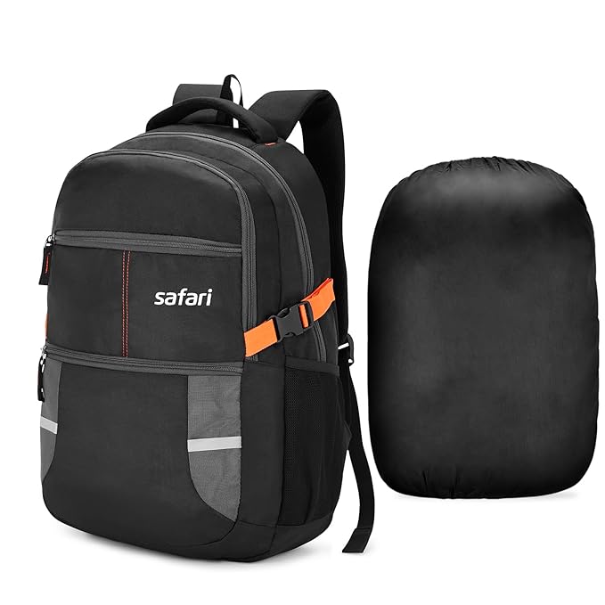 Safari Omega spacious/large laptop backpack with Raincover, college bag, travel bag for men and women, Black, 30 Litre