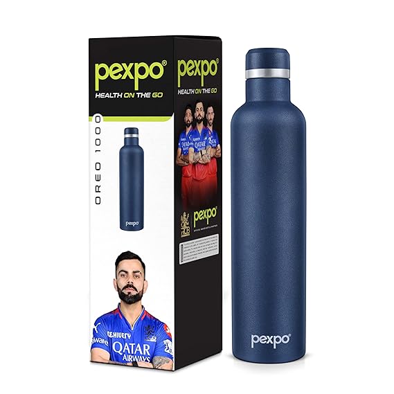 Pexpo Oreo Pro Stainless Steel Hot and Cold Vacuum Insulated ISI Certified Flask, 1000ml, Denim Blue | Double Wall Flask | BPA Free | Office | School | Home | Hiking | Gym| Limited RCB Edition