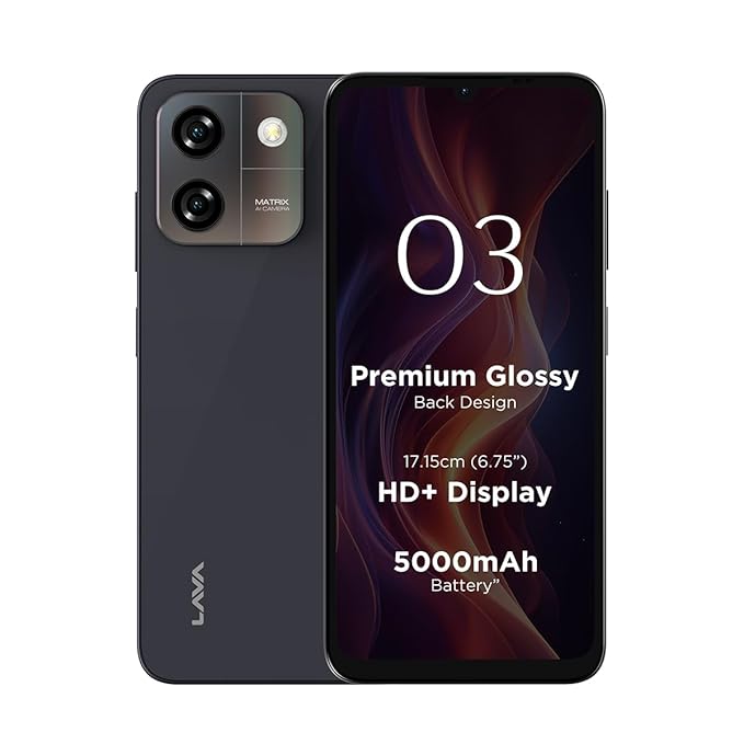 Lava O3 (Glossy Black, 4 GB RAM, 64 GB Storage) | Biggest 6.75" HD+ Display | 13MP AI Dual Rear Camera | 5000 mAh Battery | Secure Face Unlock | Fingerprint Reader | Charger & Phone-Cover in Box