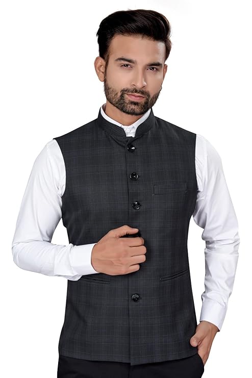 UTSAV Mens Checked Sleeveless Nehru Jacket with 1 welt & 2 slip pockets