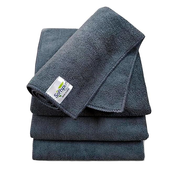 SOFTSPUN Microfiber Cloth - 4 pcs - 40x40 cms - 340 GSM Grey! Thick Lint & Streak-Free Multipurpose Cloths - Automotive Microfibre Towels for Car Bike Cleaning Polishing Washing & Detailing.