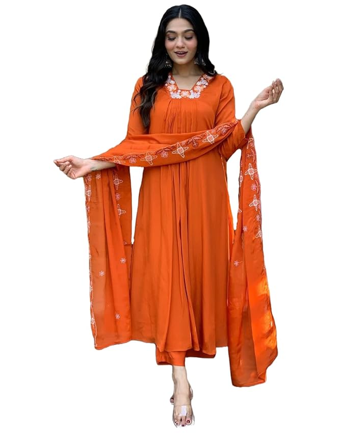 GoSriKi Women's Rayon Blend Anarkali Thread Work Kurta with Pant & Dupatta